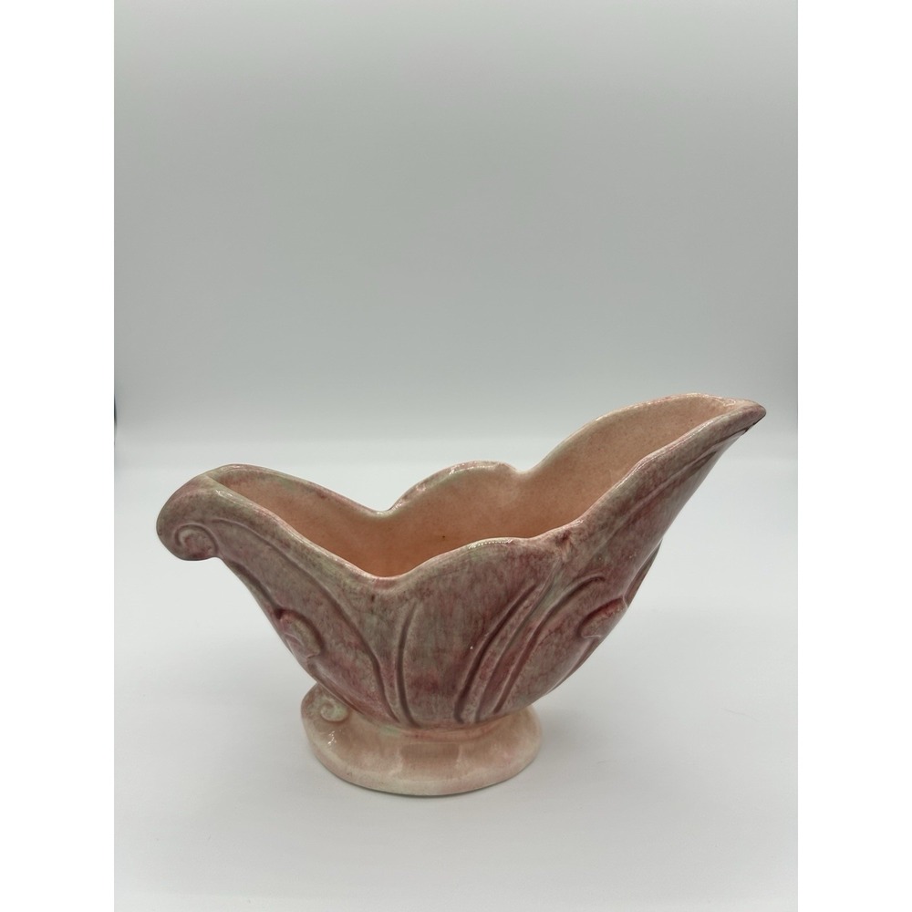 Vintage Mid-Century Pink art pottery Console Planter Unmarked Art Nouveau Leaf